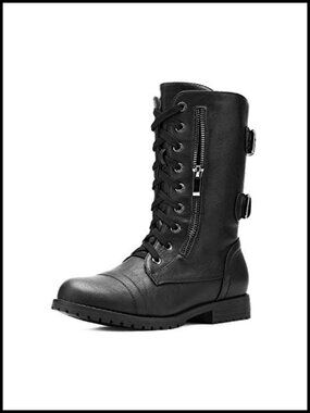 Mid Calf Lace Up Combat Boots with Wallet Pocket and Side Zipper